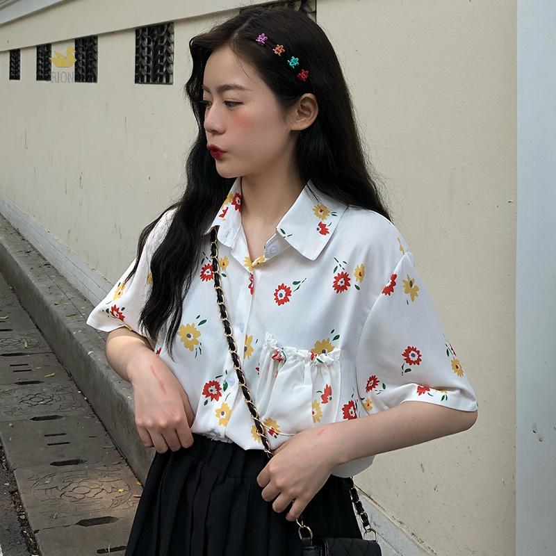 Áo sơ mi hoa dáng rộng phong cách Hàn Quốc
