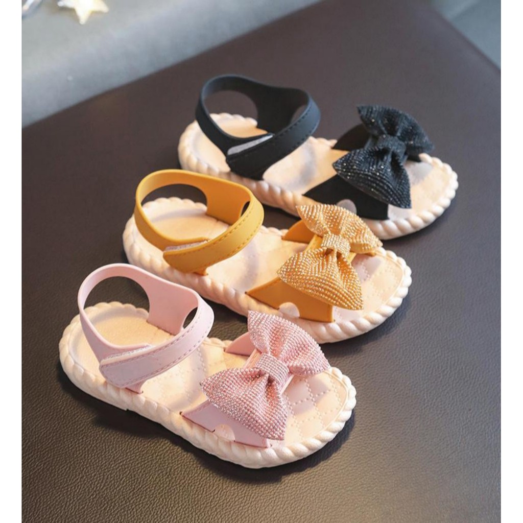 Giày sandal  nơ kim tuyến màu hồng, vàng, xanh đẹp cho bé gái 1-7 tuổi