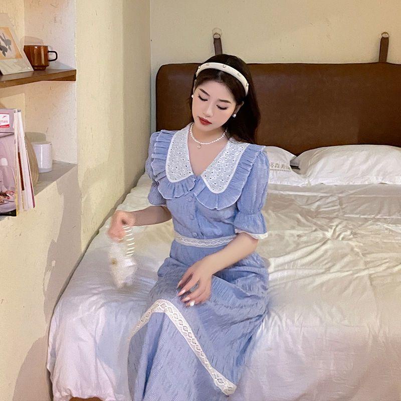 Đầm Nữ Dáng Dài Chiết Eo Màu Trắng / Xanh Sữa Phong Cách Pháp Thanh Lịch