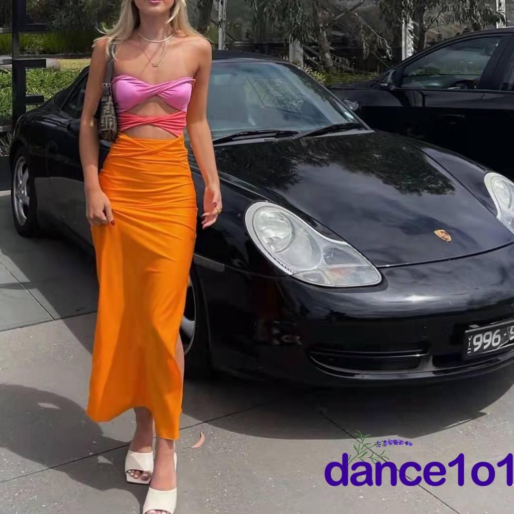 ◑Rl✿Đầm Midi Ôm Dáng Không Dây Màu Sắc Tương Phản Thời Trang Cho Nữ