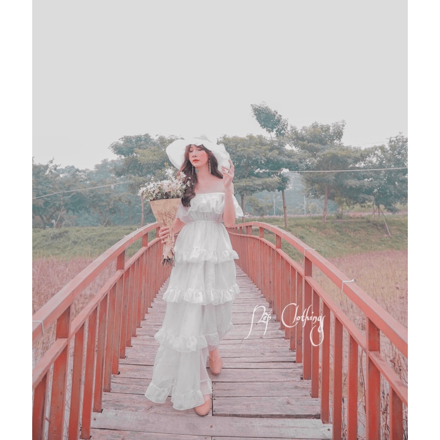 (Free ship) Mẫu Đầm Thiết Kế Hợp Thời Trang --- Đầm Maxi Voan Tầng Trễ Vai Đẹp Y HÌnh UP HHP Fashion