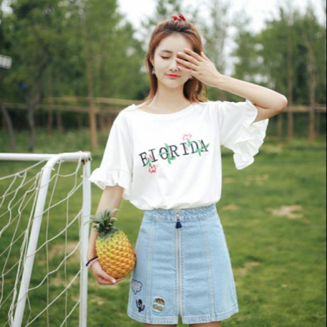 Áo phông tay bèo chữ thêu co dãn 4 chiều