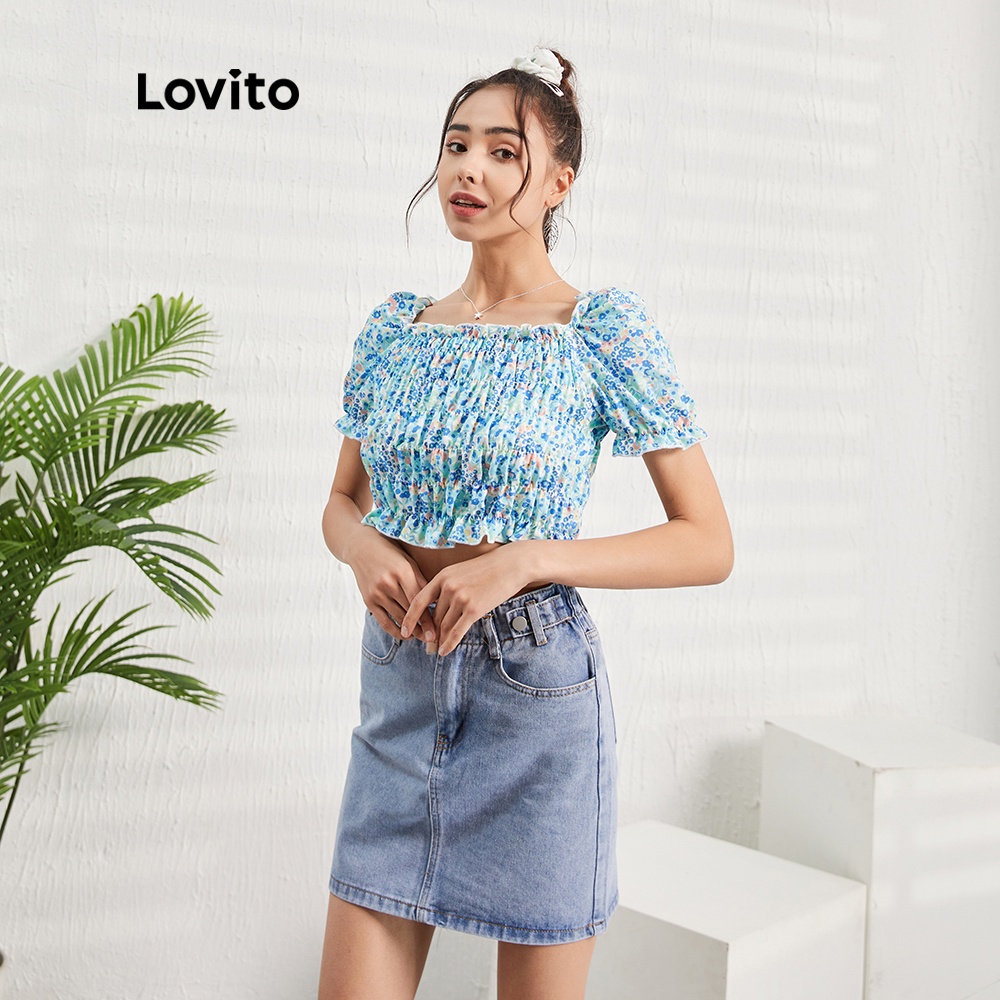 Lovito Áo kiểu họa tiết hoa lá màu xanh dương L07508