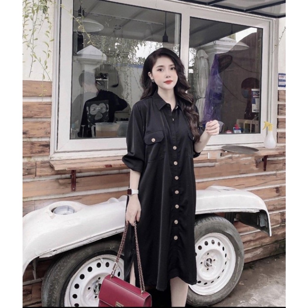 Đầm bầu thời trang thiết kế sơ mi hàng cúc thật MB156 chất lụa hàn châu freesize từ 45 đến 70kg