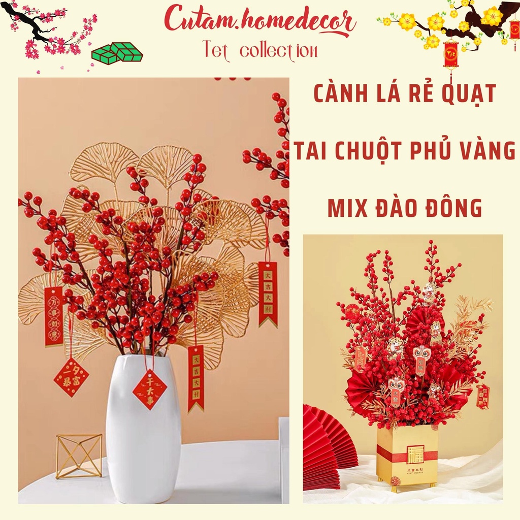 Cành đào đông trang trí, phụ kiện đào đông mix rẻ quạt và bạch đàn cho ngày Tết - cutam.homdecor