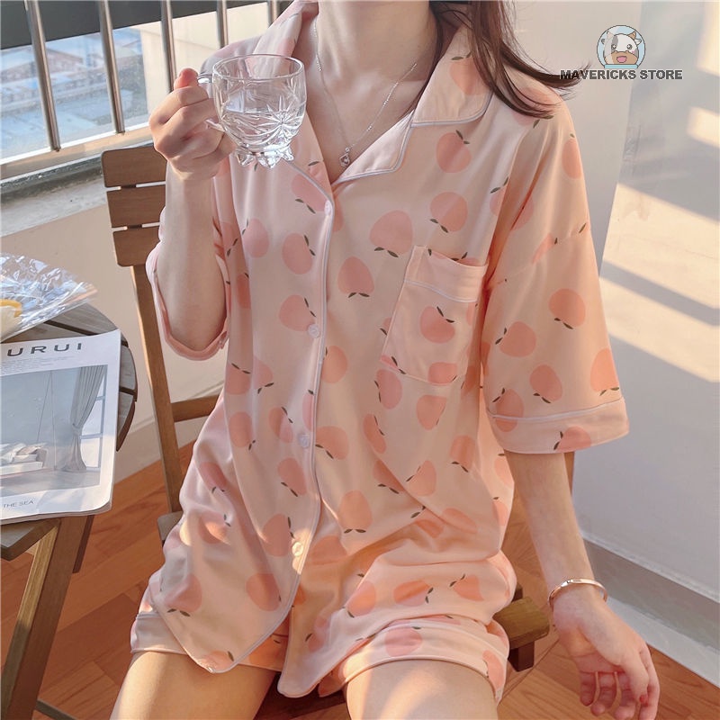 Bộ đồ ngủ hai món họa tiết trái đào dễ thương thời trang mùa hè dành cho bạn nữ