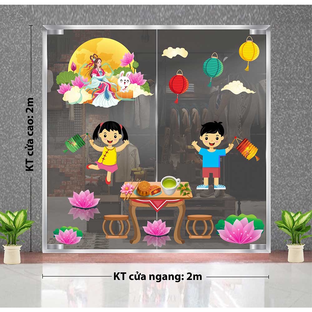 DECAL TRANG TRÍ TẾT TRUNG THU 2021 BÉ PHÁ CỔ BÊN HOA SEN ĐÓN CHỊ HẰNG