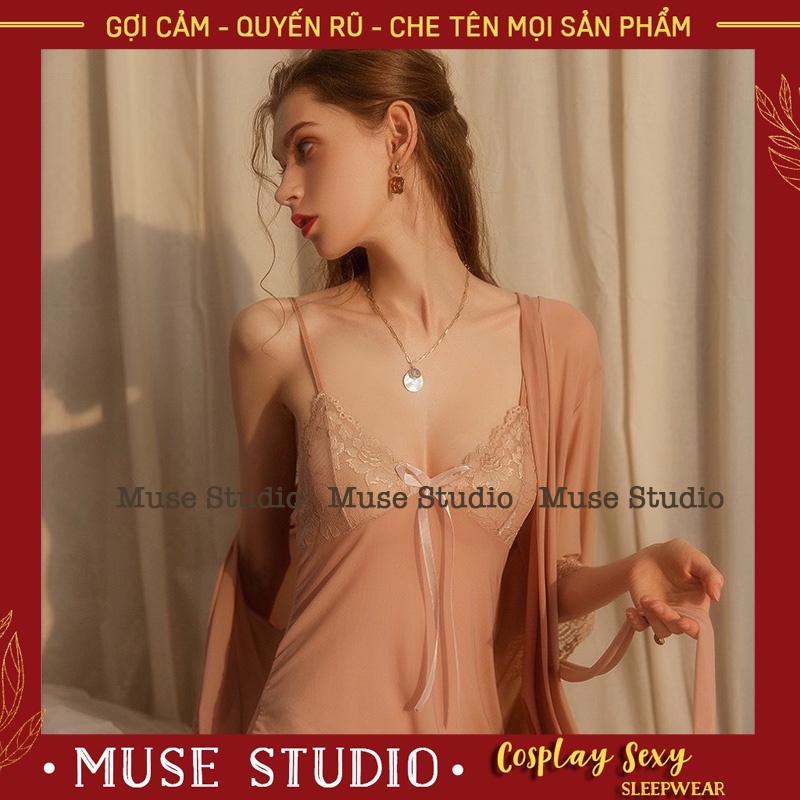 Váy đầm hai dây sexy phối ren xuyên thấu siêu gợi cảm (không kèm áo choàng)