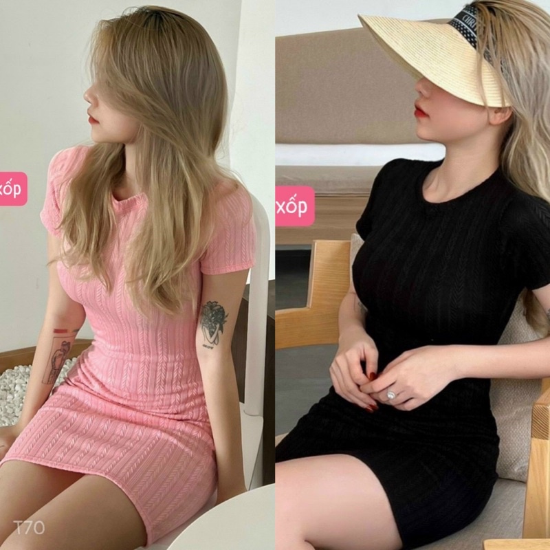 Đầm Xốp Dáng Ngắn Xương Cá Cổ Tròn Tay Ngắn