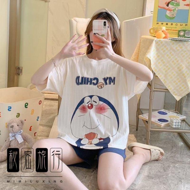 Bộ Đồ Ngủ Ngắn Tay Họa Tiết Doraemon Đáng Yêu Thời Trang Mùa Hè Cho Nữ