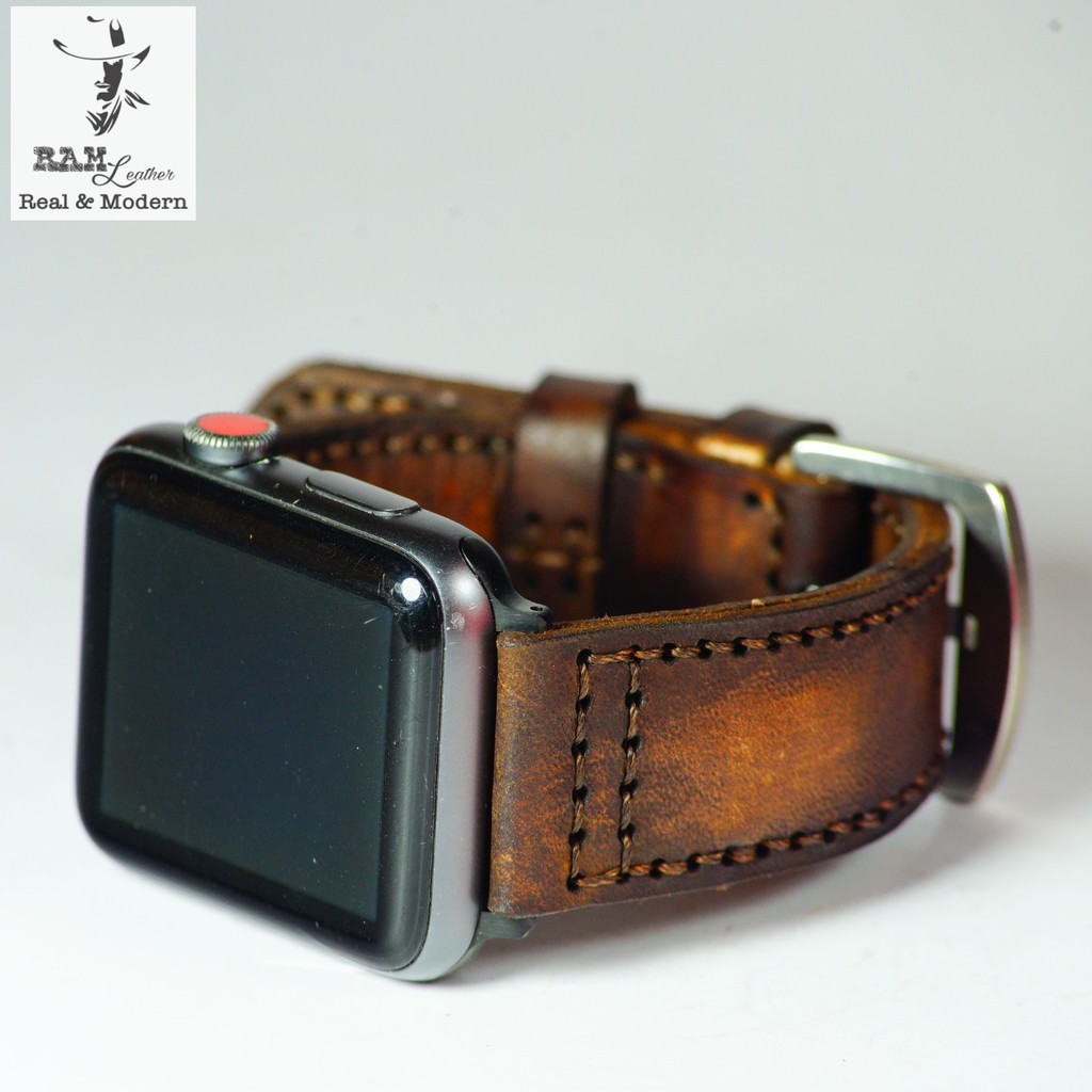 Dây apple watch da bò vegtan Italia màu chocolate kiểu phi công quân đội RAM Leather pilot