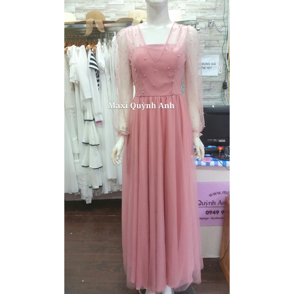 Đầm maxi dạ hội tay dài đính hạt sang trọng trắng, hồng - Hình thật Sp 100% | BigBuy360 - bigbuy360.vn