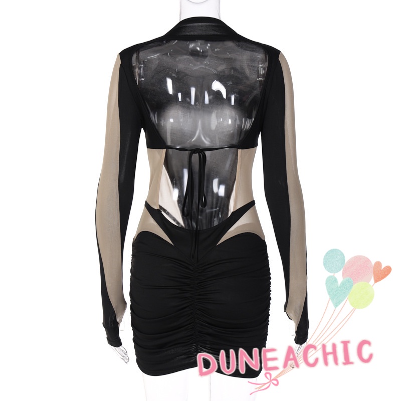 DUNEA Đầm Dài Tay Cổ Tròn Phối Lưới Hở Lưng Gợi Cảm Cho Nữ