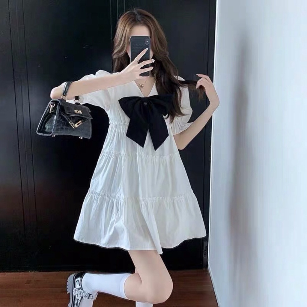 Váy Babydoll Nữ Dáng Xoè Cổ V Đính Nơ Đen  Đầm Nữ Trắng Tay Bồng Cổ Nơ Bèo Tầng Ulzzang