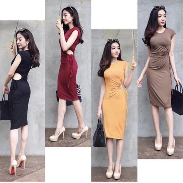Đầm dáng ôm body ngắn tay cổ tròn màu trơn khoét eo rút dây