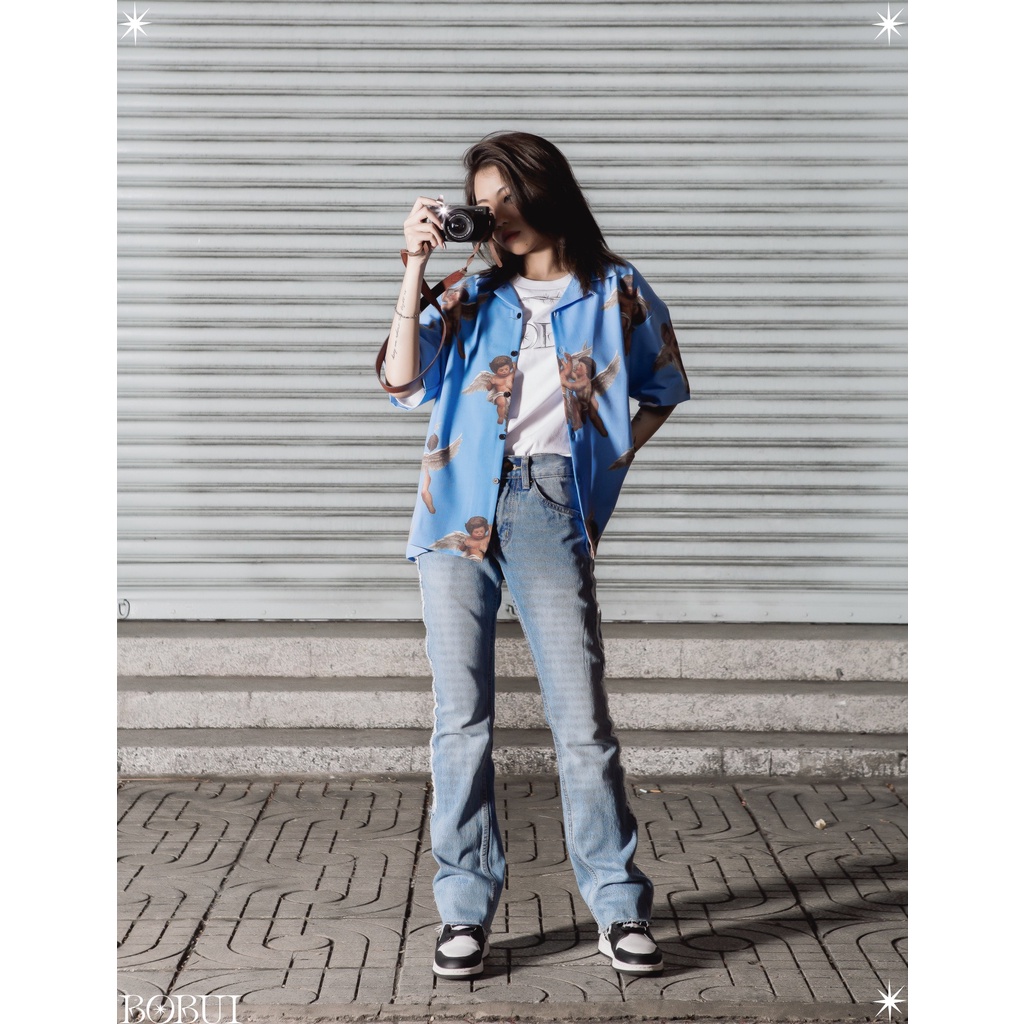 Quần Jean Denim BOBUI ống loe màu đen/xanh chuẩn REAL full tag túi