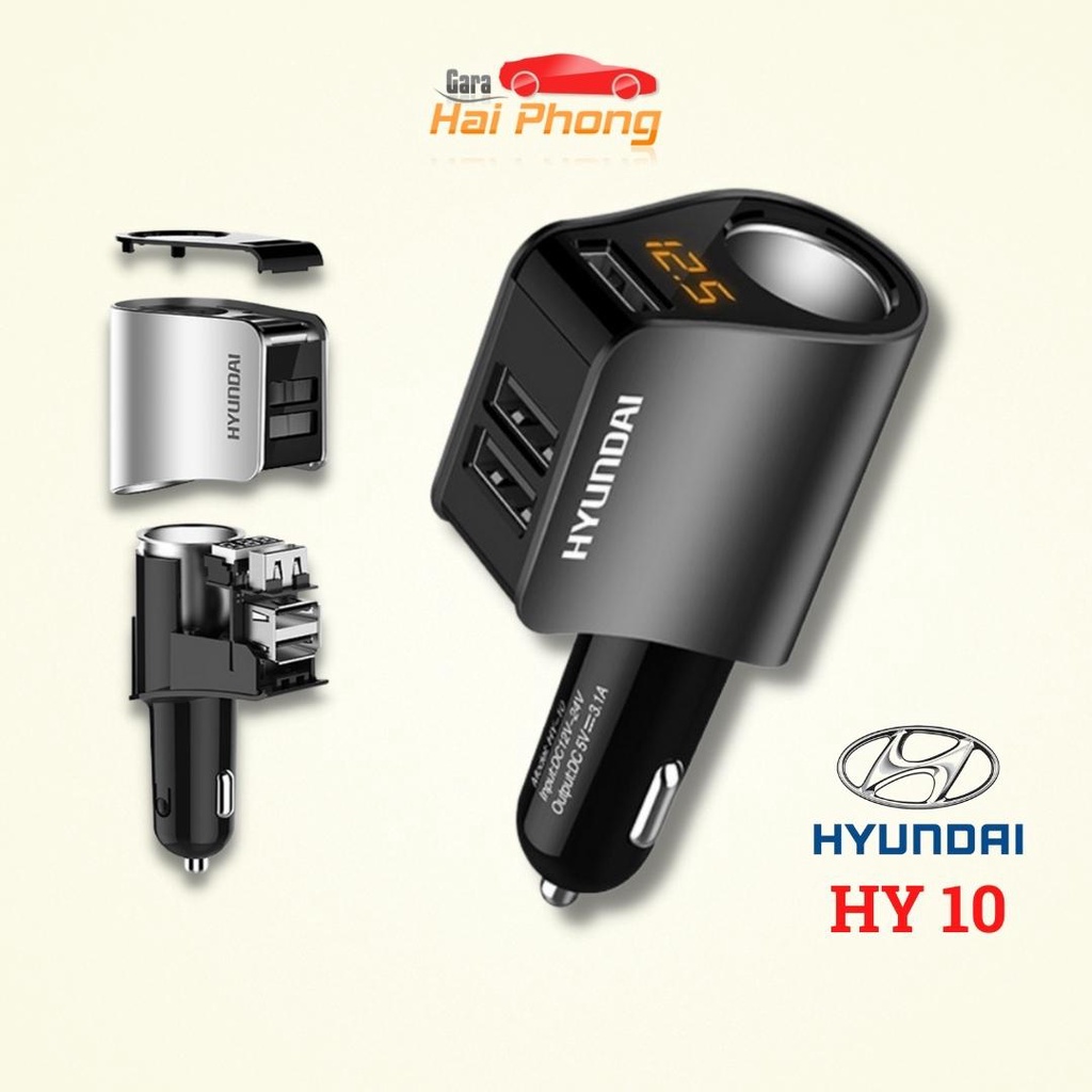 Tẩu sạc HYUNDAI HY-10 1 tẩu tròn và 3 USB nhỏ - có đèn led báo điện ap acquy