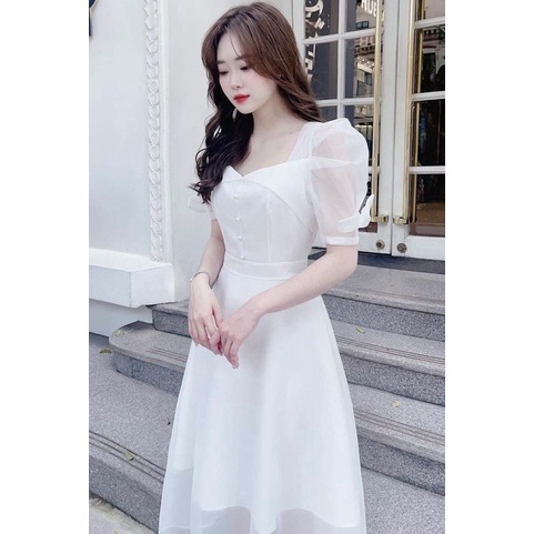 Đầm váy nữ voan 2 lớp họa tiết tay nơ đinh cườm ngọc tôn dáng trẻ trung sang trọng thanh lịch siêu xinh