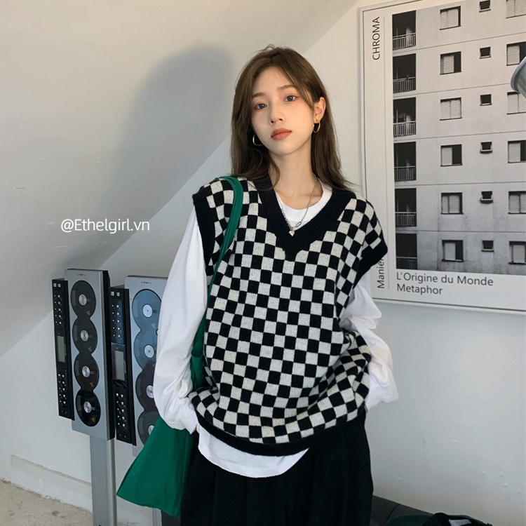 Áo Dệt Kim Không Tay Cổ Chữ V Dáng Rộng Phong Cách Retro Thời Trang Hàn Quốc Cho Nữ