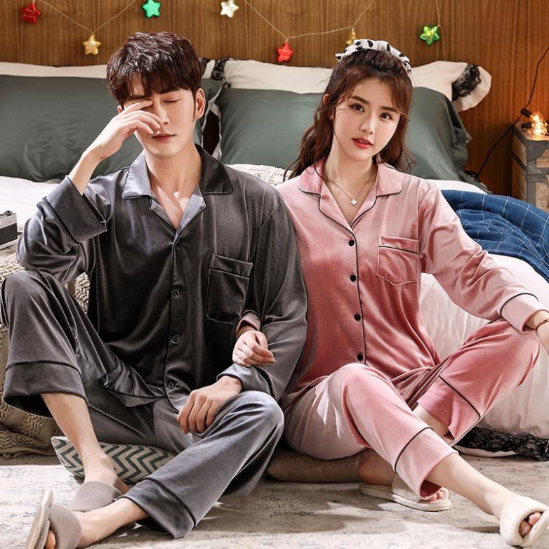 Bộ đồ ngủ pijama nhung thời trang thu đông phong cách Hàn Quốc cho nam nữ đẹp ✔