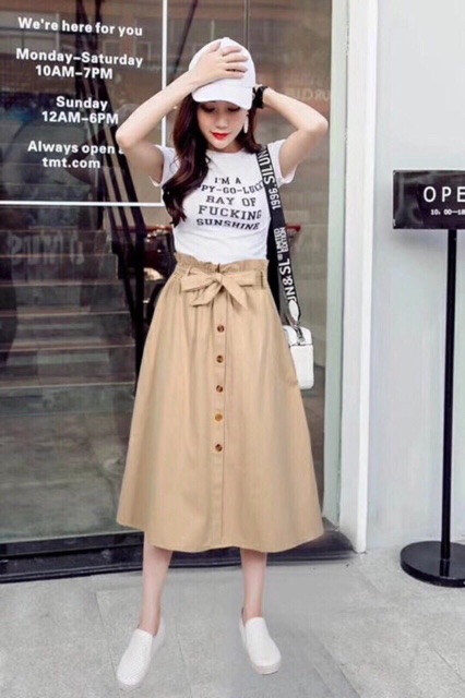 Chân váy kaki nơ bản khuy gỗ hàng Quảng Châu