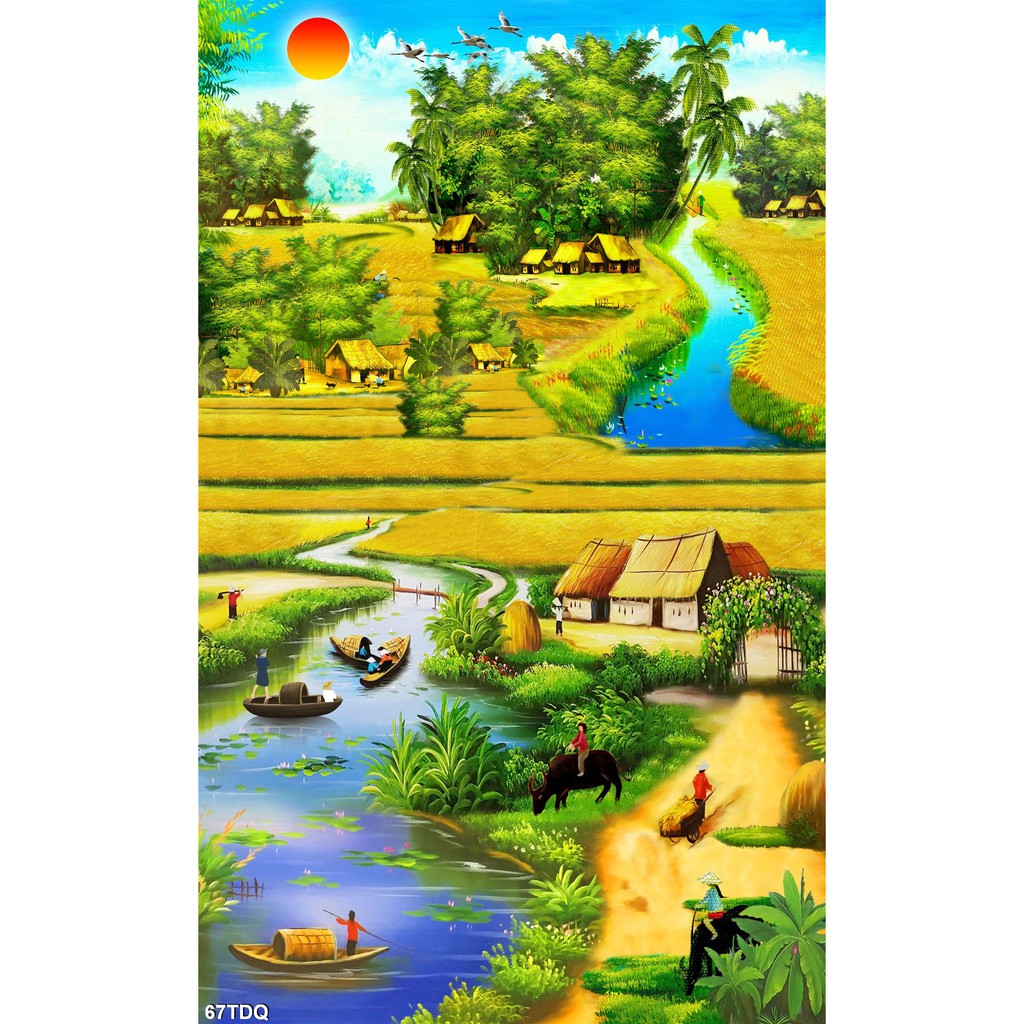 TRANH DÁN TƯỜNG LÀNG QUÊ VIỆT NAM - TRANH DÁN TƯỜNG ĐỒNG QUÊ 3D NÉT GIẢ SƠN DẦU