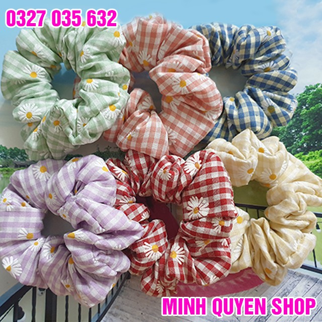 [Cột Tóc Vải Scrunchies] Dây Buộc Tóc Scrunchies Kẻ Caro Hoa Cúc Nhiều Màu Hàn Quốc