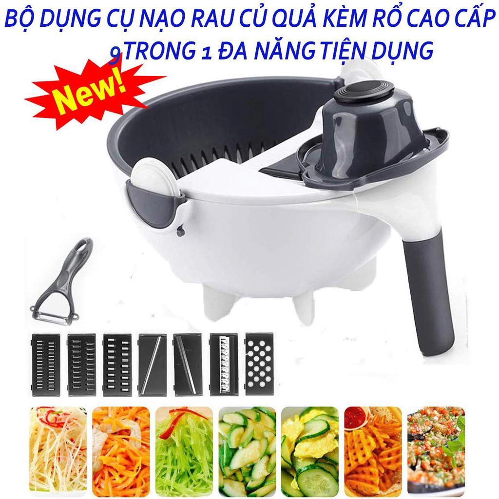 Dụng cụ bào tạo hình rau củ, dụng cụ nhà bếp đa năng, Bộ Rổ Rửa Rau Củ Kèm Nạo 9 trong 1 Đa Năng, tặng kèm 7 Lưỡi nạo