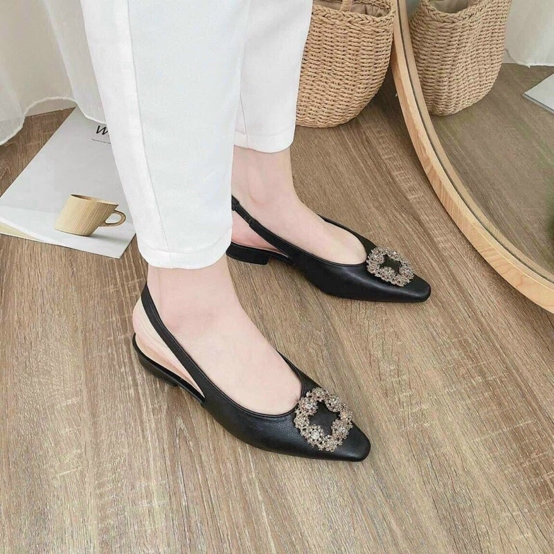 Sục nữ gót cao 3p mũi nhọn, giày cao gót 3 phân bít mũi quai đính đá có chun có giãn đế thấp siêu đẹp G11