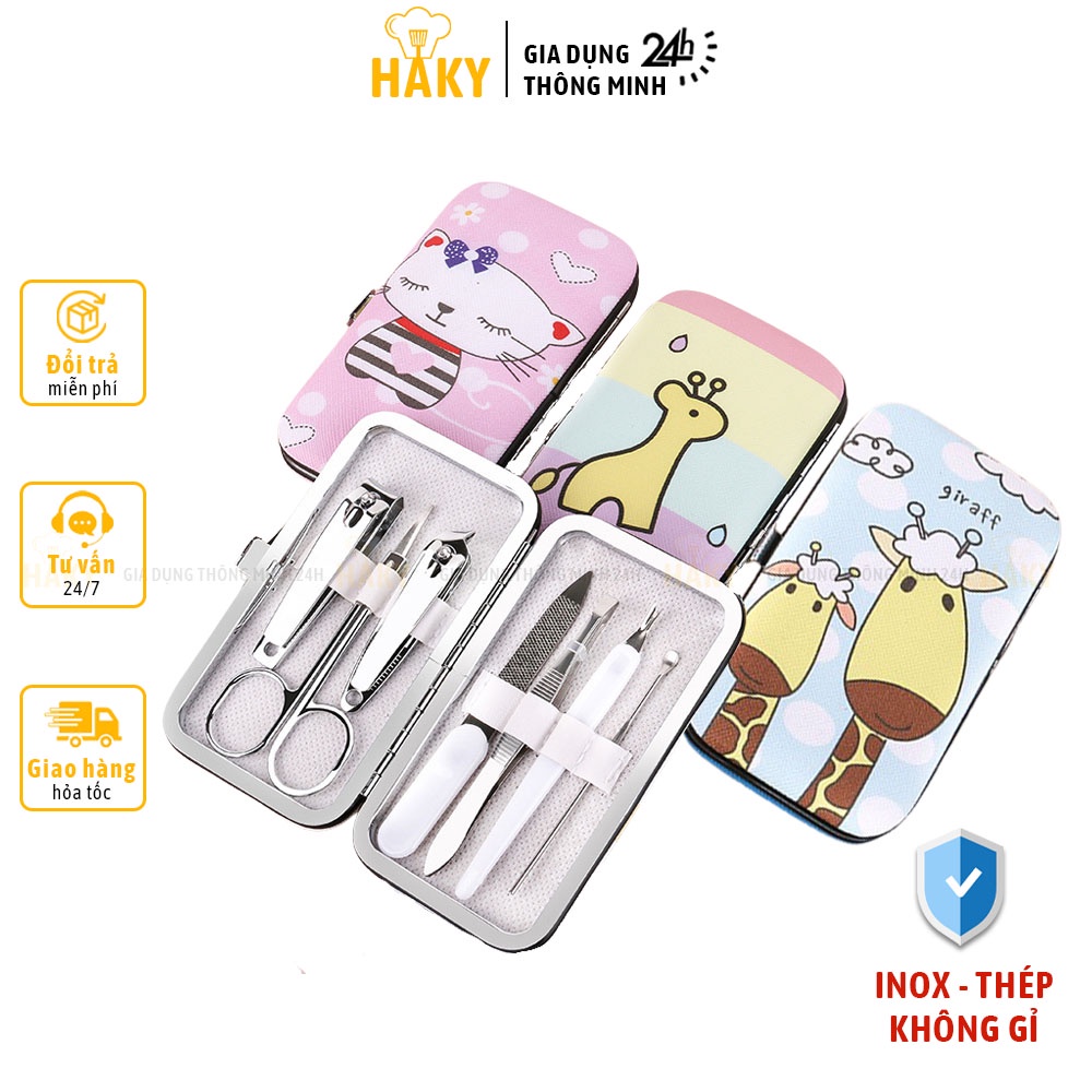 Bộ bấm móng tay 7 món thép không gỉ bao da in hình ngộ nghĩnh HAKY014, bộ dụng cụ cắt móng đa năng fullbox cao cấp