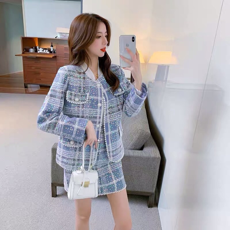 Set dạ tweed màu xanh tán kim tuyến cực xinh cuốn hút cho nữ