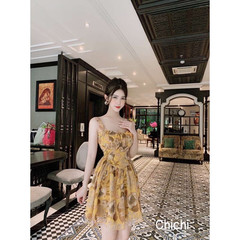 Váy tơ hoa rúm ngực