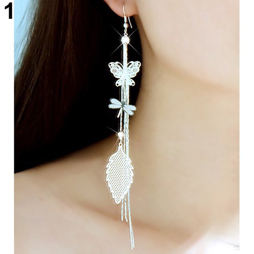 Bông tai dài đính đá họa tiết bướm/lá/chuồn chuồn sang trọng dành cho nữ