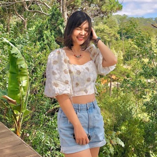 [Thiết kế cao cấp] Áo voan kính hoạ tiết hoa cúc tay phồng