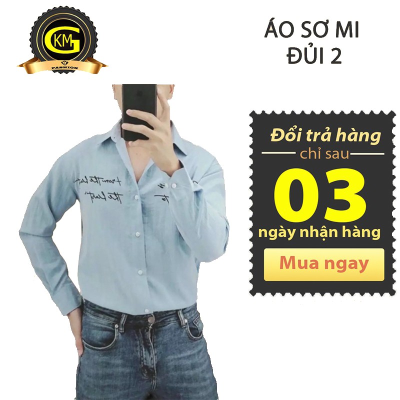 Áo sơ mi đũi nam thêu hoạ tiết chữ tiếng Anh 4 màu nổi bật