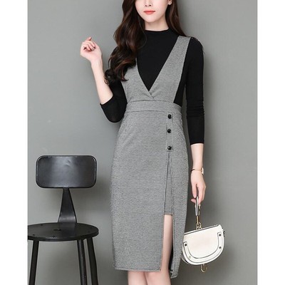 [ GOTI - Cá Tính - Đẹp] Set Đầm Dự Tiệc Kiểu Áo Thun Tay Dài Kết Hợp Yếm Caro Xẻ Tà Phối Nút 385