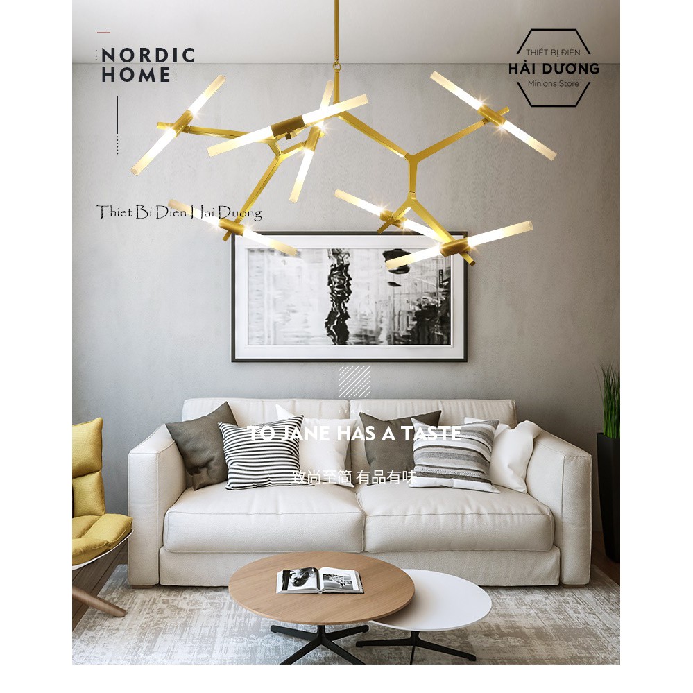 Đèn Chùm Decor Xương Cá 14 Tay (Đen/Vàng) - Đã bao gồm 14 bóng led - Bảo Hành 12 Tháng