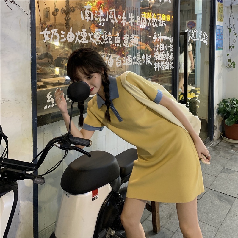 【ZHELIHANGFEI】Đầm Thun Đen Dệt Kim Cổ Bẻ Chiết Eo Thiết Kế Cỡ Nhỏ Thời Trang Trẻ Trung