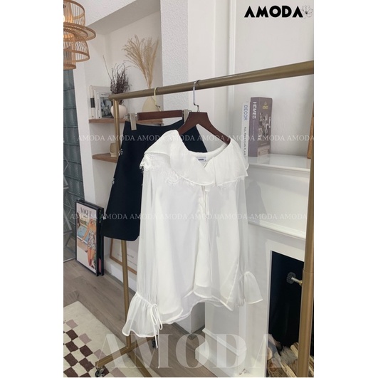 Áo sơ mi cổ bèo phối ren  thiết kế cao cấp tay bồngsiêu xinh cho nàng phong cách Hàn Quốc AMODA A009