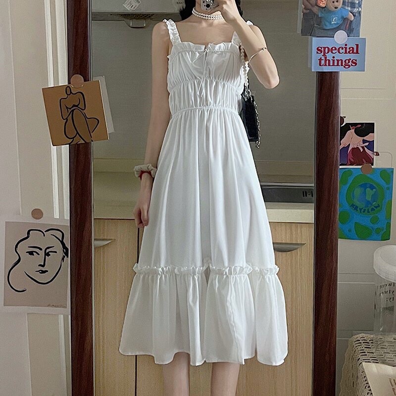 Váy hai dây chun ngực buộc dây vintage, váy maxi trắng < , kèm video