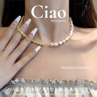 Dây chuyền/ Vòng cổ thiết kế dây xoắn kết hợp hạt trai nước ngọt trendy Kimkisie Ciao