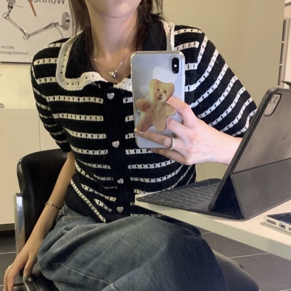 Áo croptop ZHELIHANGFEI dệt kim cổ polo tay ngắn kẻ sọc thiết kế trẻ trung cá tính dành cho nữ