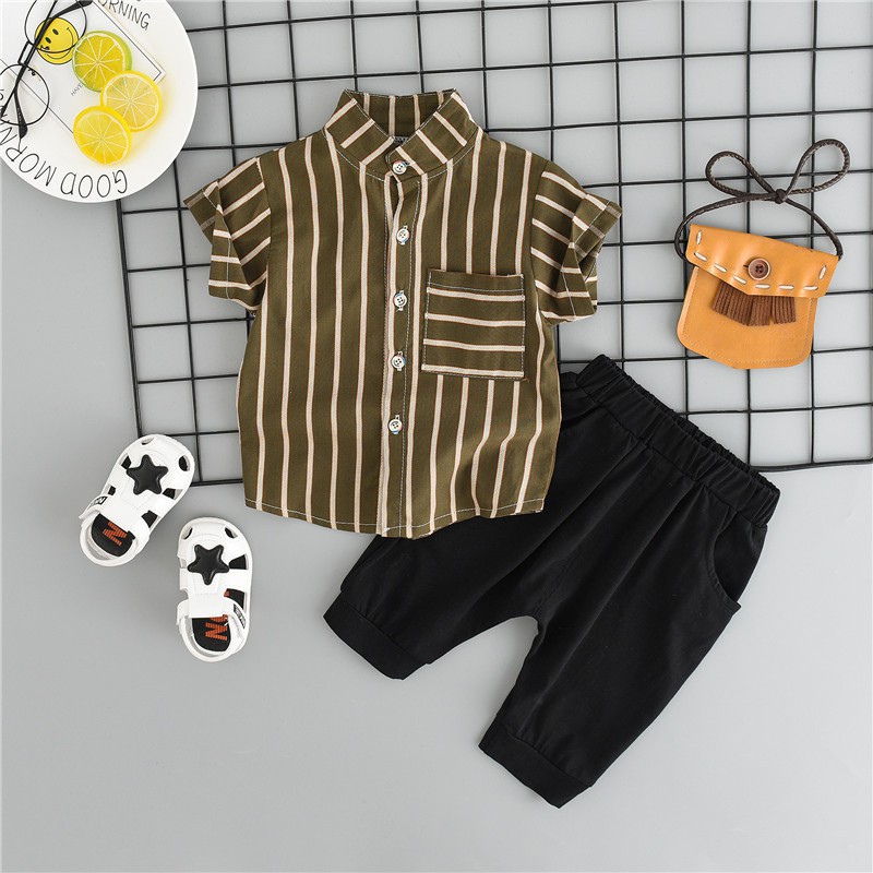 Set áo sơ mi ngắn tay họa tiết sọc và quần short cho bé trai