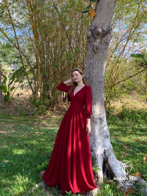 [Ảnh thật🍁] Đầm maxi đỏ đô tay dài cột nơ tà váy bồng xoè đi biển, chụp ảnh siêu xinh | BigBuy360 - bigbuy360.vn