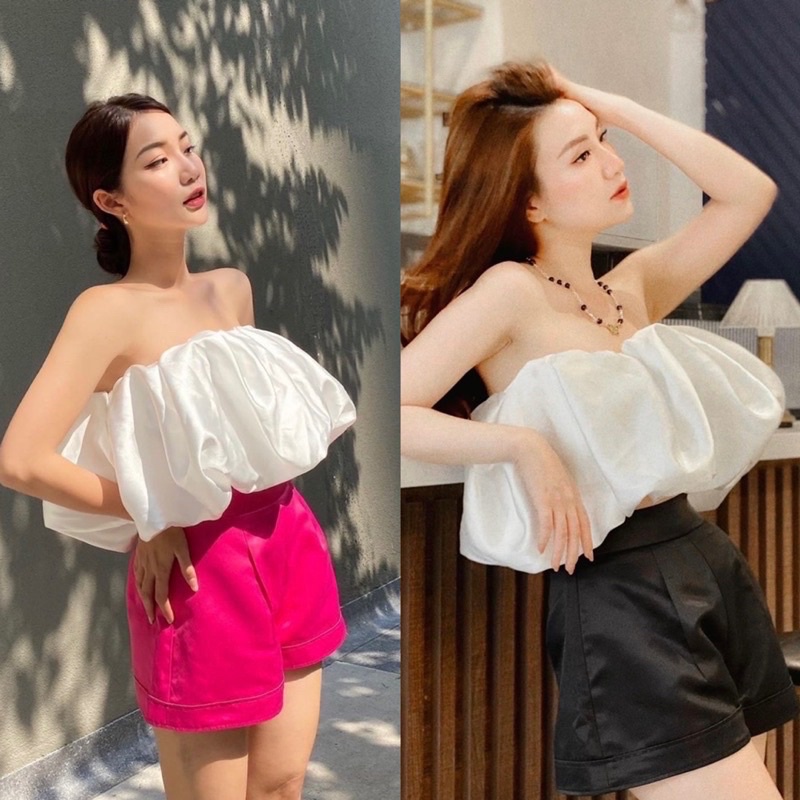 Set Áo Bí Trắng Kèm Quần Tacta Hồng,Đen (Freeship) Áo Cup Bí Bồng + Short