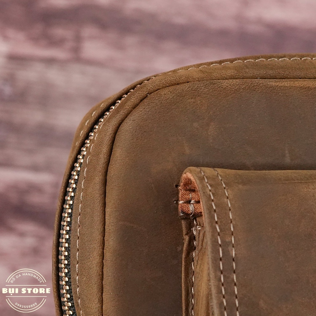 Túi đeo chéo da bò nguyên miếng Handmade, Túi bao tử nam nữ da bò sáp ngựa điên BH da 10 năm - Bụi Store