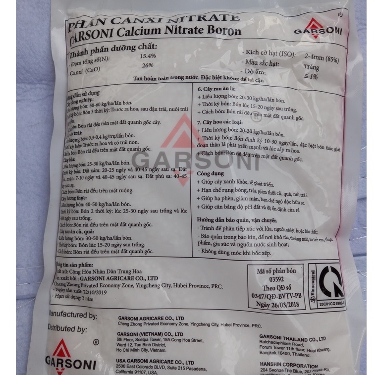 Phân bón Đạm canxi - Calcium Nitrate Boron túi 1kg, tan hoàn toàn trong nước