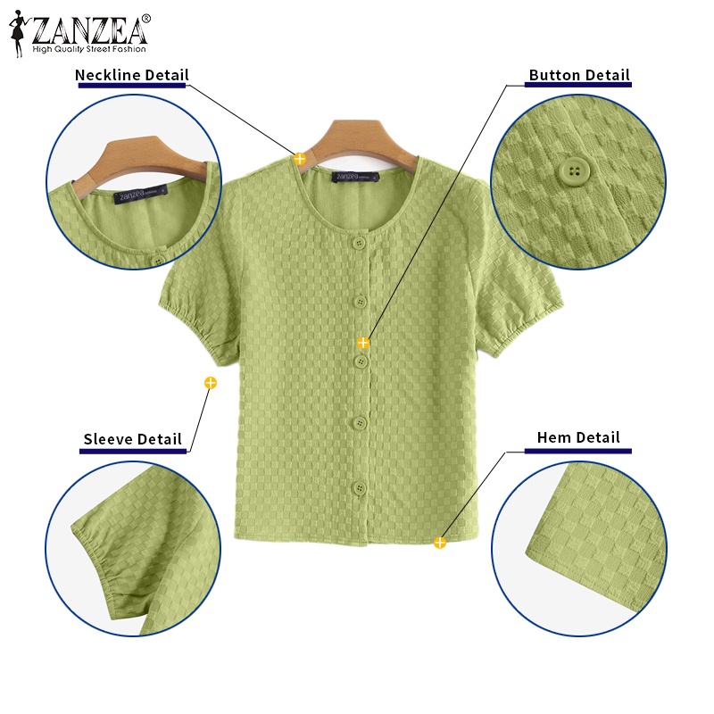 Áo ZANZEA ngắn tay cổ tròn họa tiết caro thời trang dành cho nữ