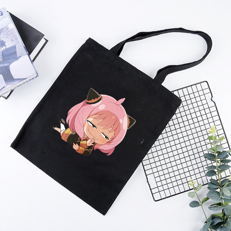 Túi tote vải đen trắng in hình SPY x Family ver nằm anime chibi dễ thương xinh xắn tiện lợi thời trang