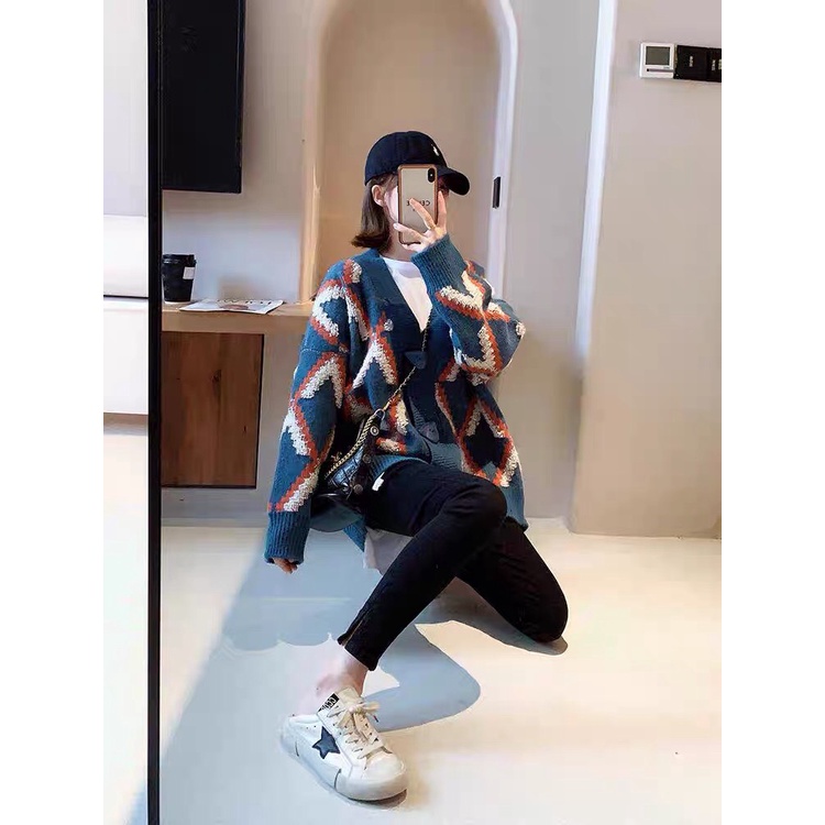 Áo khoác Cardigan Forgirl thổ cẩm xanh dương kẻ cam trắng dáng rộng